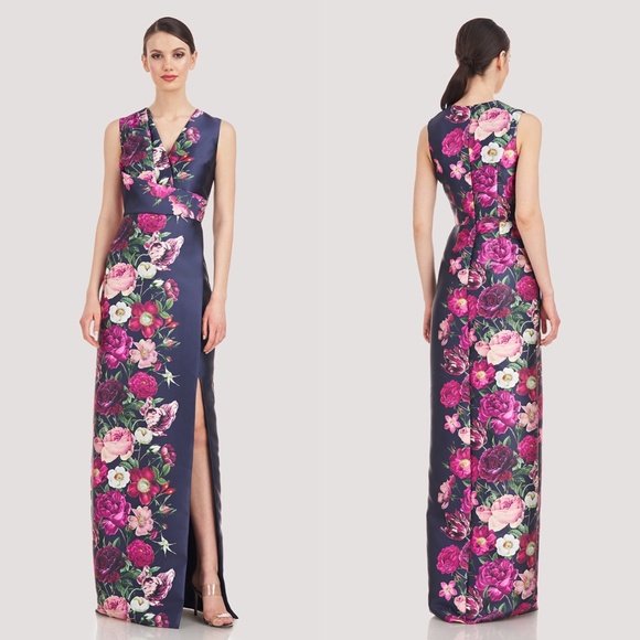 NEW KAY UNGER Coraline NAVY FLORAL SATIN Faux Wrap PLEATED Sheath COLUMN GOWN 8 - Picture 2 of 15